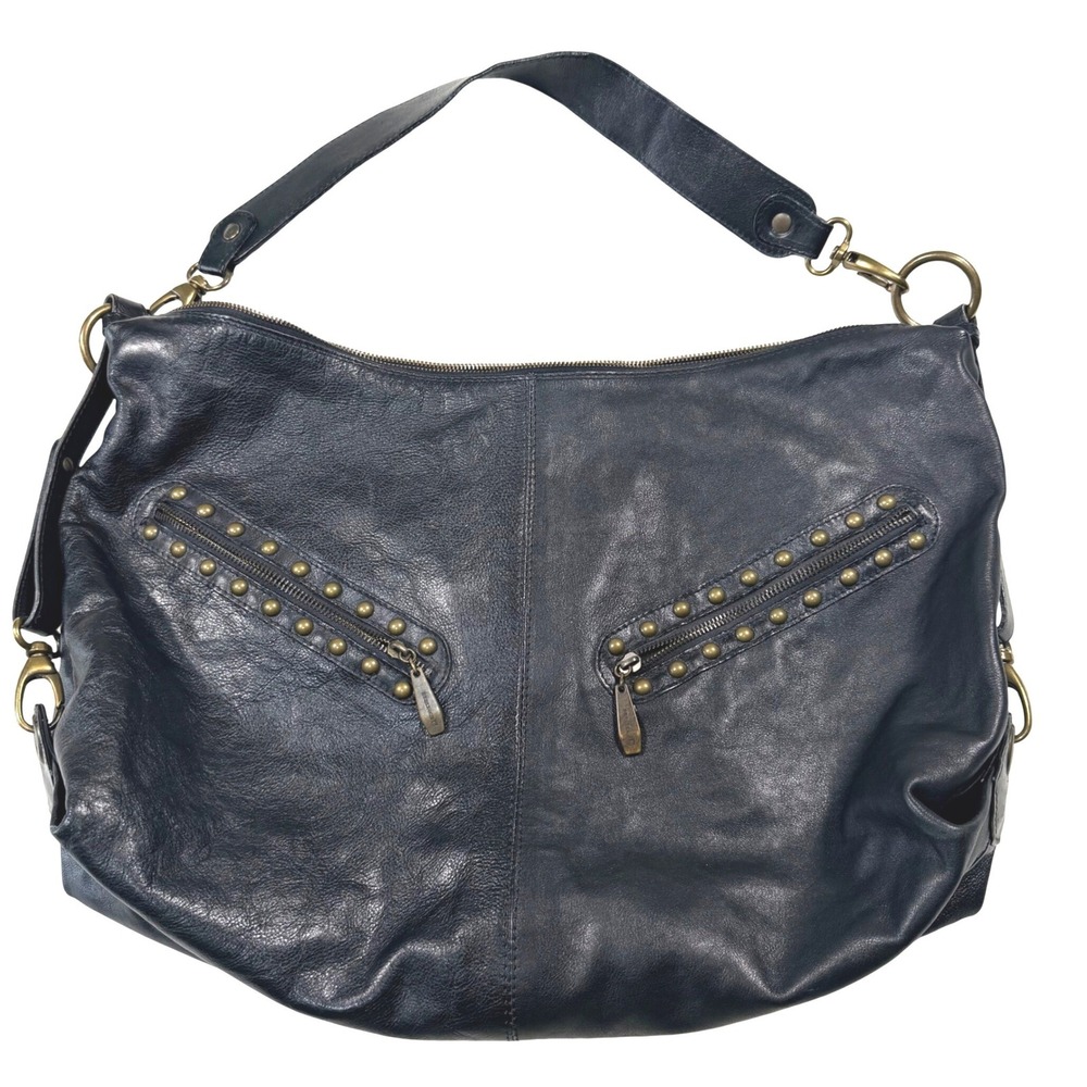 Berge Black Leather Hobo Bag Studded Zip Pocket Antique Brass Hardware Large EUC